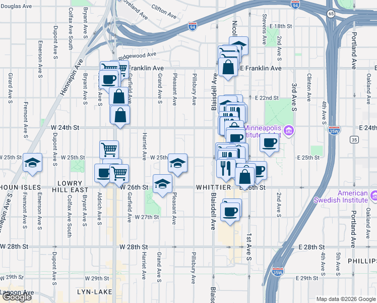 map of restaurants, bars, coffee shops, grocery stores, and more near 2430 Pillsbury Avenue in Minneapolis