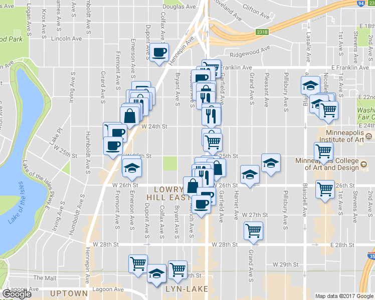 map of restaurants, bars, coffee shops, grocery stores, and more near 2432 Aldrich Avenue South in Minneapolis