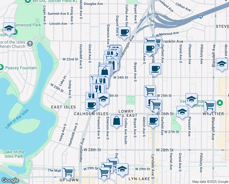 map of restaurants, bars, coffee shops, grocery stores, and more near 2429 Emerson Avenue South in Minneapolis