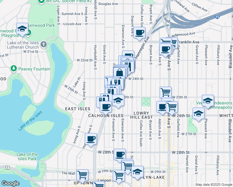 map of restaurants, bars, coffee shops, grocery stores, and more near 2448 Hennepin Avenue in Minneapolis