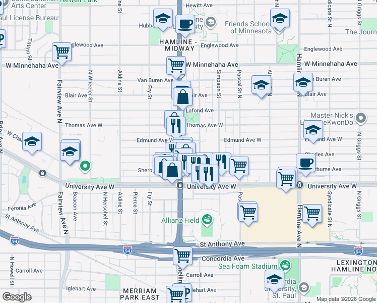map of restaurants, bars, coffee shops, grocery stores, and more near 550 Snelling Avenue North in Saint Paul