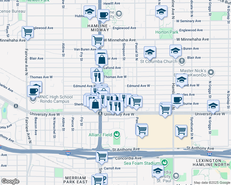 map of restaurants, bars, coffee shops, grocery stores, and more near 1525 Charles Avenue in Saint Paul