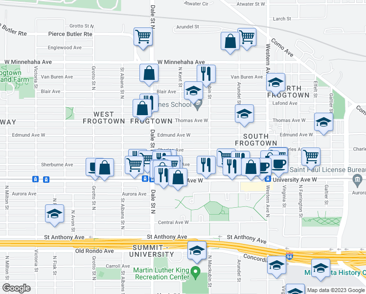 map of restaurants, bars, coffee shops, grocery stores, and more near 559 Charles Avenue in Saint Paul