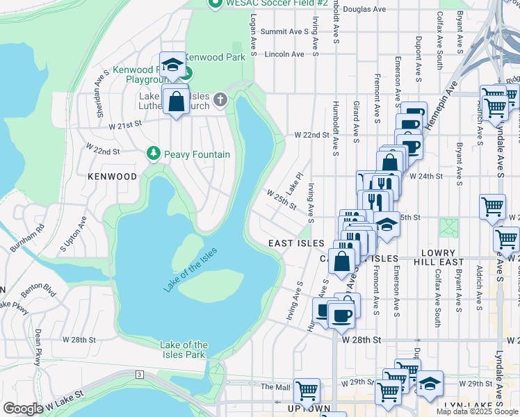 map of restaurants, bars, coffee shops, grocery stores, and more near 2525 Lake of the Isles Parkway East in Minneapolis