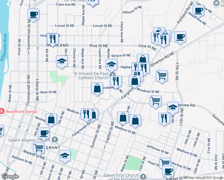 map of restaurants, bars, coffee shops, grocery stores, and more near 2080 Myrtle Avenue Northeast in Salem