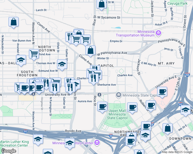map of restaurants, bars, coffee shops, grocery stores, and more near 125 Charles Avenue in Saint Paul