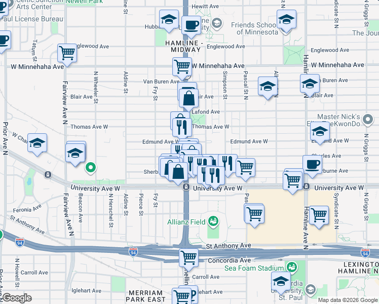 map of restaurants, bars, coffee shops, grocery stores, and more near 550 Snelling Avenue North in Saint Paul
