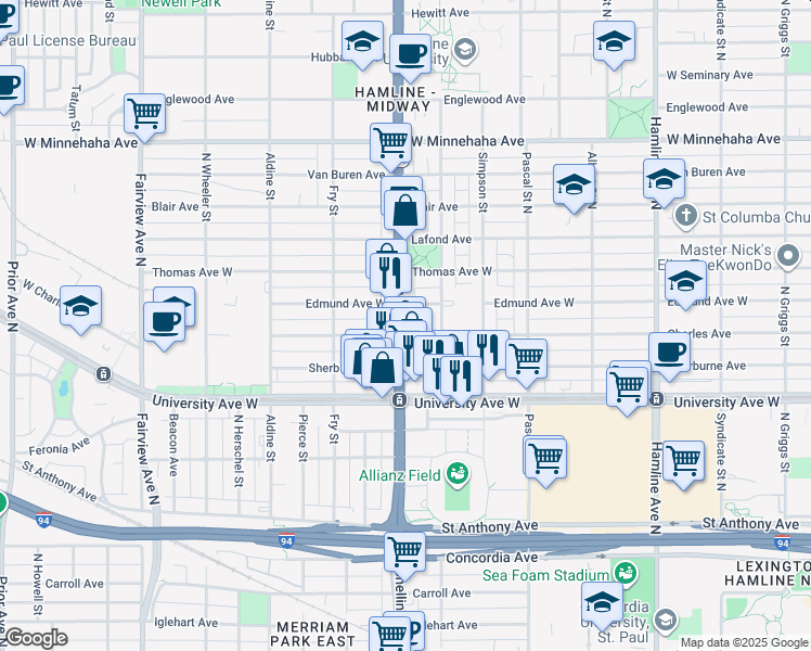 map of restaurants, bars, coffee shops, grocery stores, and more near 556 Snelling Avenue in Saint Paul
