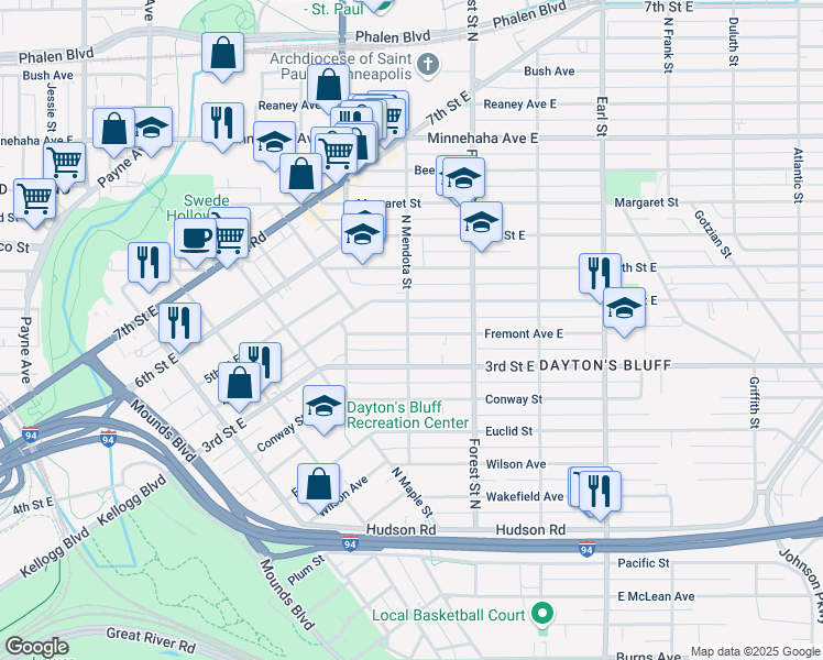 map of restaurants, bars, coffee shops, grocery stores, and more near 889 Fremont Avenue East in Saint Paul