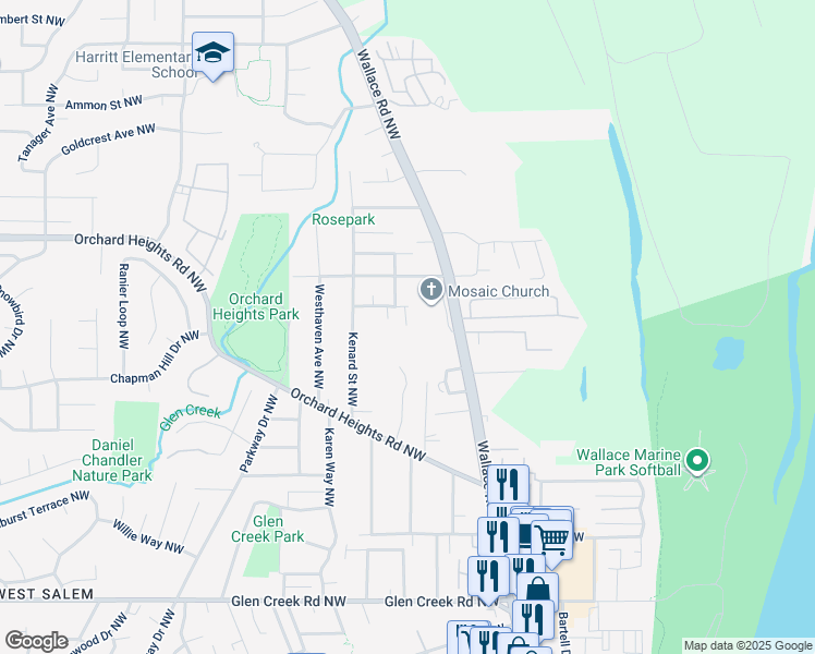 map of restaurants, bars, coffee shops, grocery stores, and more near 864 George Street Northwest in Salem