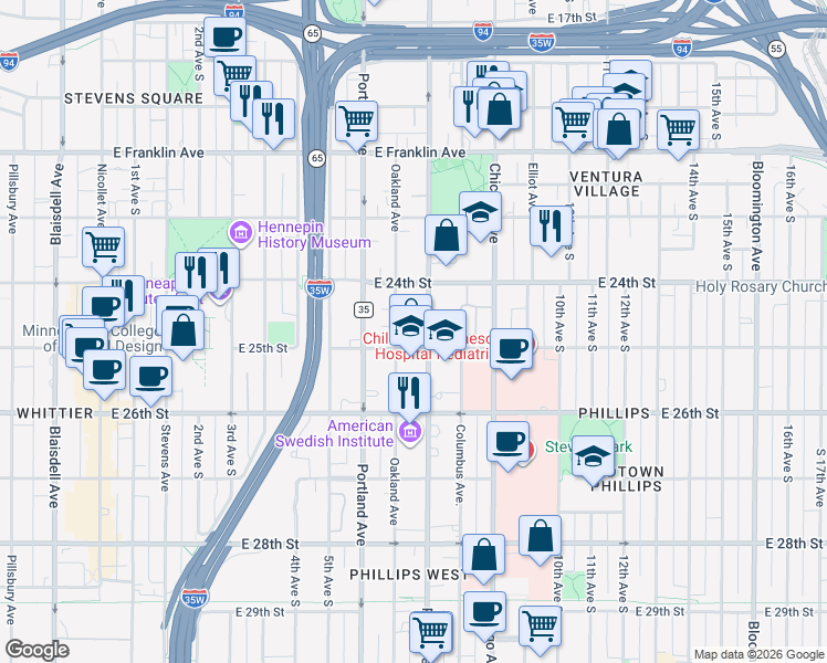 map of restaurants, bars, coffee shops, grocery stores, and more near in Minneapolis