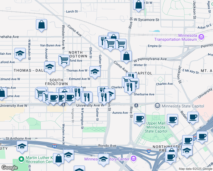 map of restaurants, bars, coffee shops, grocery stores, and more near 225 Charles Avenue in Saint Paul