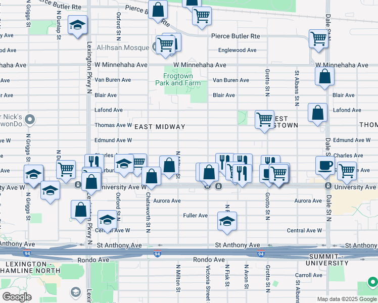 map of restaurants, bars, coffee shops, grocery stores, and more near 899 Charles Avenue in Saint Paul