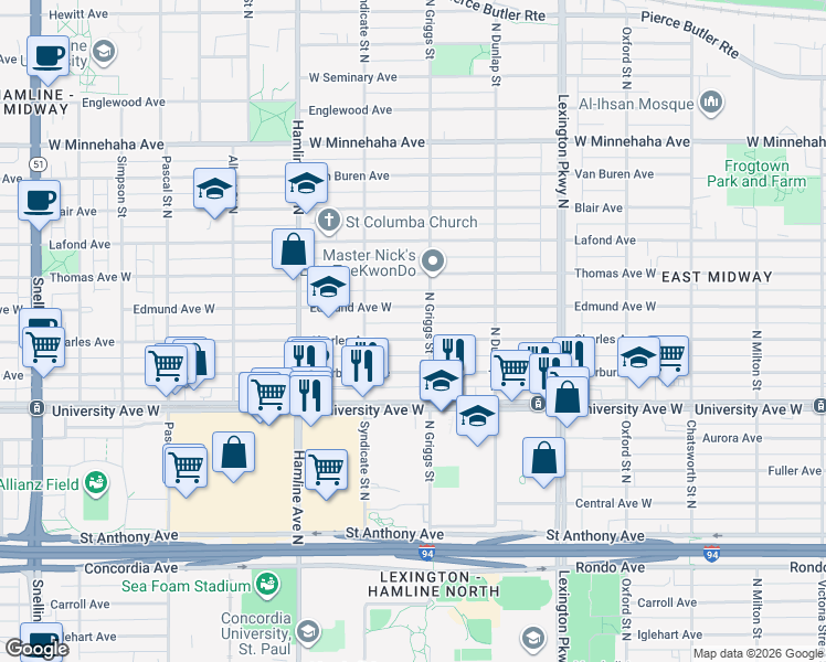 map of restaurants, bars, coffee shops, grocery stores, and more near 1246 Edmund Avenue West in Saint Paul