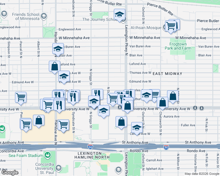 map of restaurants, bars, coffee shops, grocery stores, and more near 1142 Edmund Avenue West in Saint Paul