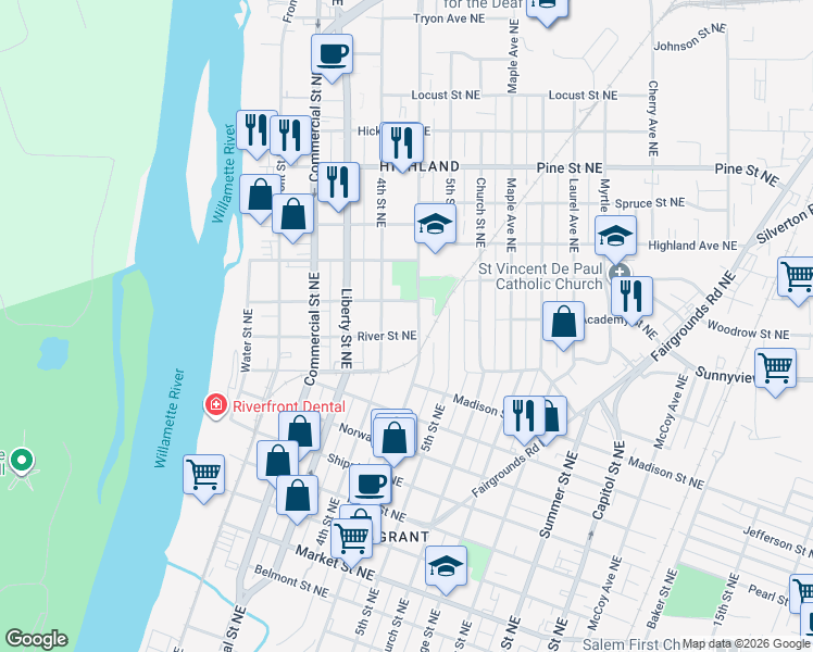 map of restaurants, bars, coffee shops, grocery stores, and more near 1960 Broadway Street in Salem
