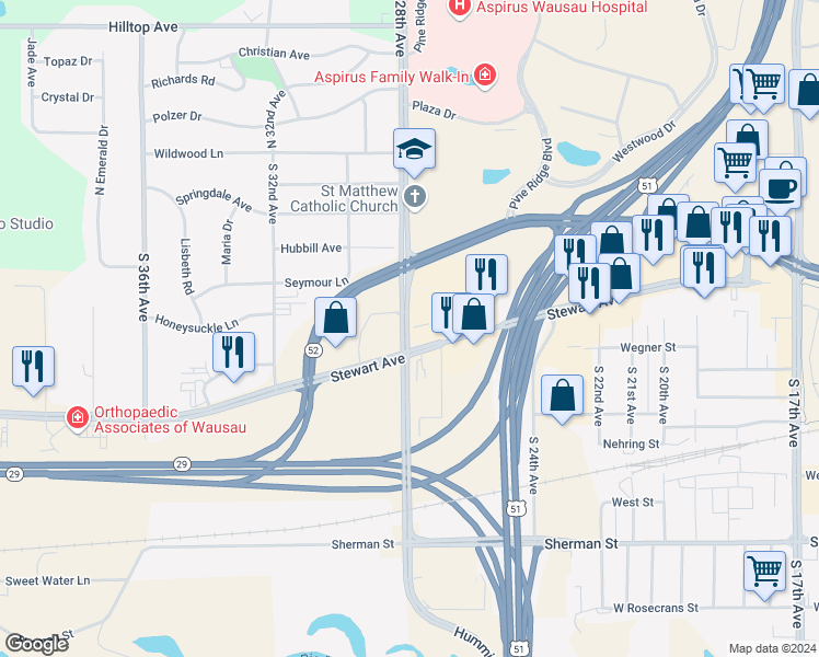 map of restaurants, bars, coffee shops, grocery stores, and more near 2710 Stewart Avenue in Wausau