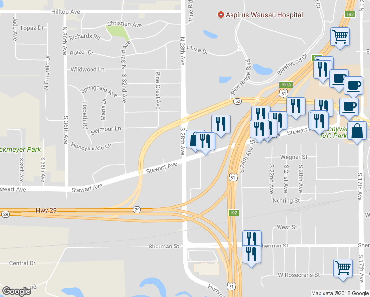 map of restaurants, bars, coffee shops, grocery stores, and more near 512 South 28th Avenue in Wausau