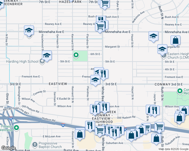map of restaurants, bars, coffee shops, grocery stores, and more near 1737 Fremont Avenue East in Saint Paul