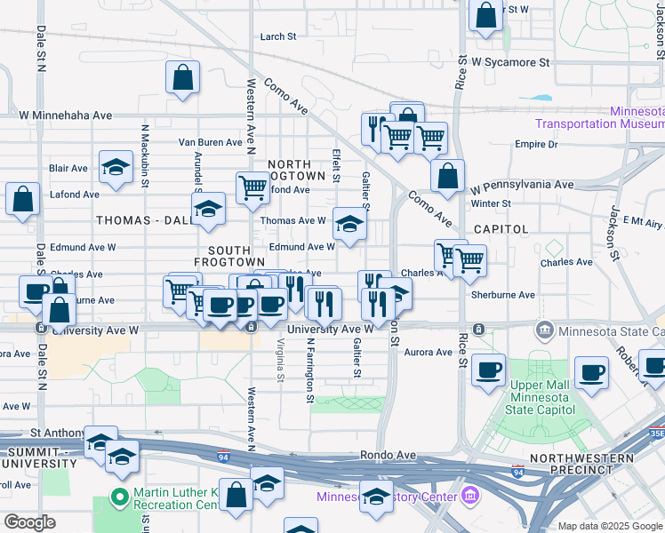 map of restaurants, bars, coffee shops, grocery stores, and more near 299 Charles Avenue in Saint Paul