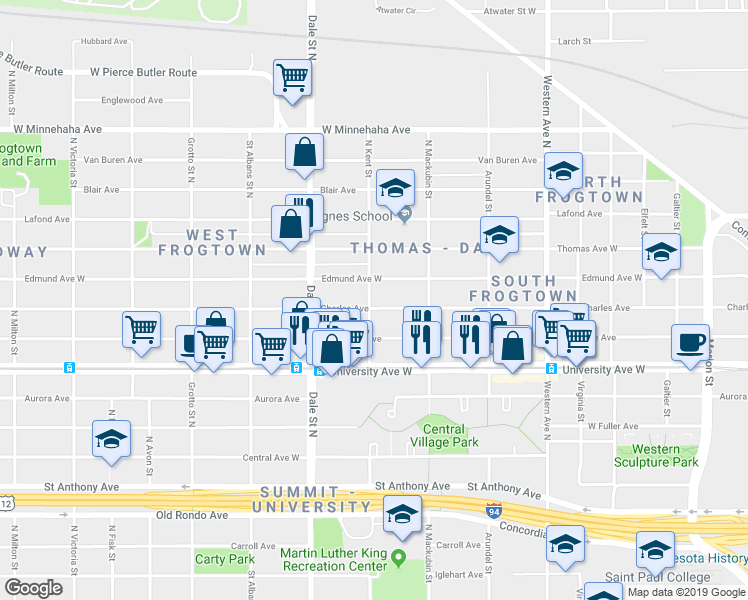 map of restaurants, bars, coffee shops, grocery stores, and more near 547 Charles Avenue in Saint Paul