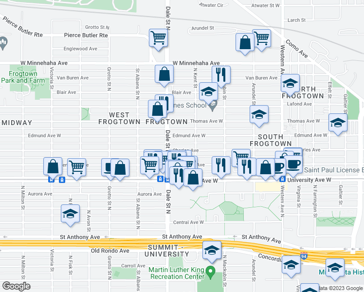 map of restaurants, bars, coffee shops, grocery stores, and more near 575 Charles Avenue in Saint Paul
