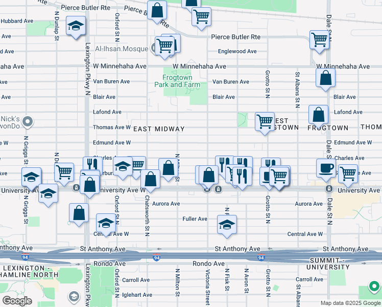 map of restaurants, bars, coffee shops, grocery stores, and more near 899 Charles Avenue in Saint Paul