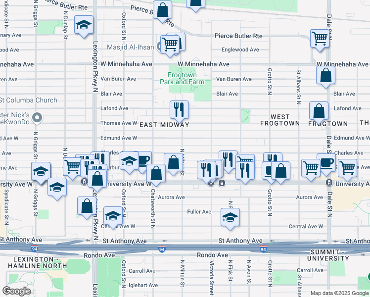 map of restaurants, bars, coffee shops, grocery stores, and more near 928 Edmund Avenue West in Saint Paul