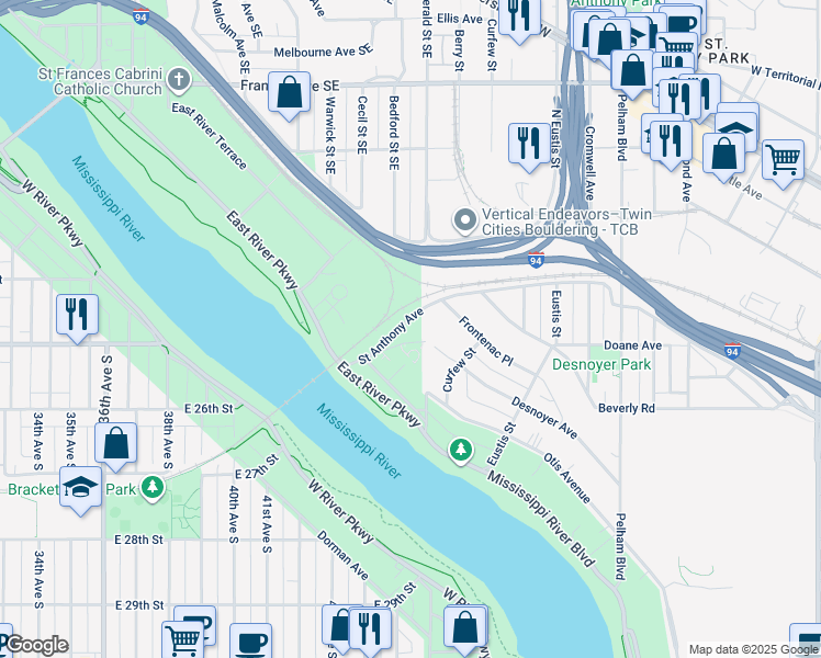 map of restaurants, bars, coffee shops, grocery stores, and more near 301 Saint Anthony Avenue in Minneapolis