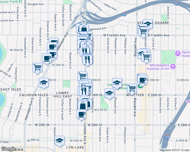 map of restaurants, bars, coffee shops, grocery stores, and more near 2437 Garfield Avenue in Minneapolis