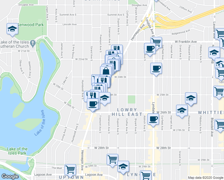 map of restaurants, bars, coffee shops, grocery stores, and more near 2429 Emerson Avenue South in Minneapolis