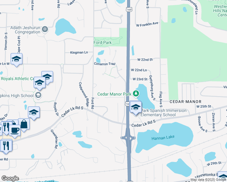 map of restaurants, bars, coffee shops, grocery stores, and more near 2450 Robin Oak Ridge in Hopkins