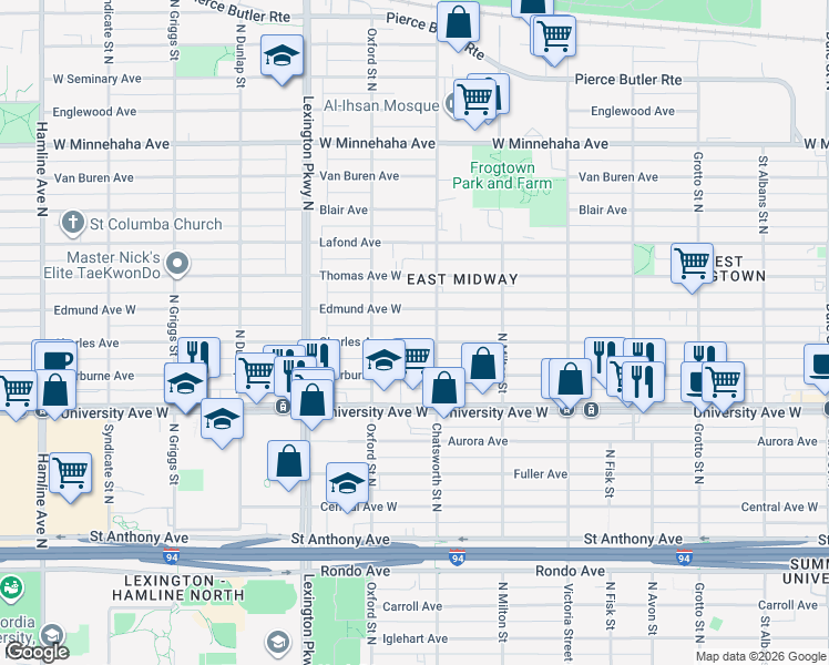 map of restaurants, bars, coffee shops, grocery stores, and more near 999 Charles Avenue in Saint Paul