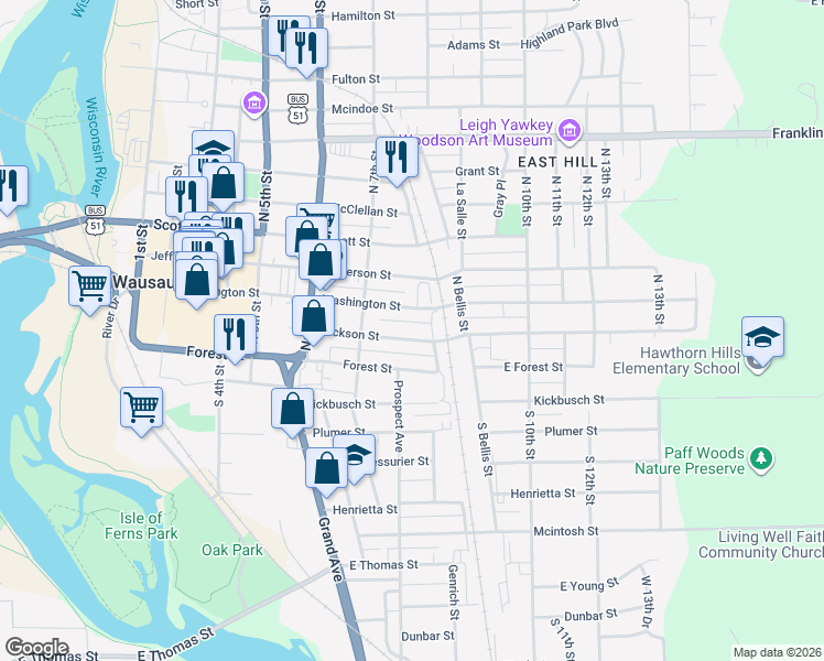 map of restaurants, bars, coffee shops, grocery stores, and more near 739 Washington Street in Wausau