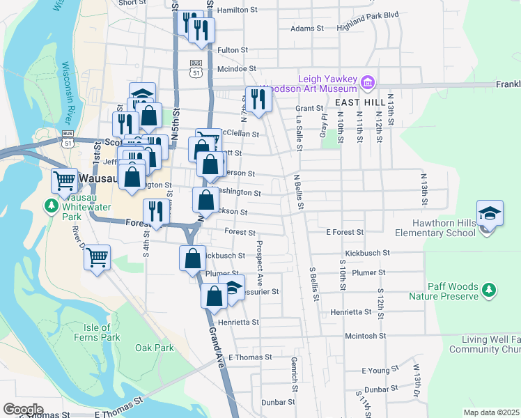 map of restaurants, bars, coffee shops, grocery stores, and more near 724 Jackson Street in Wausau