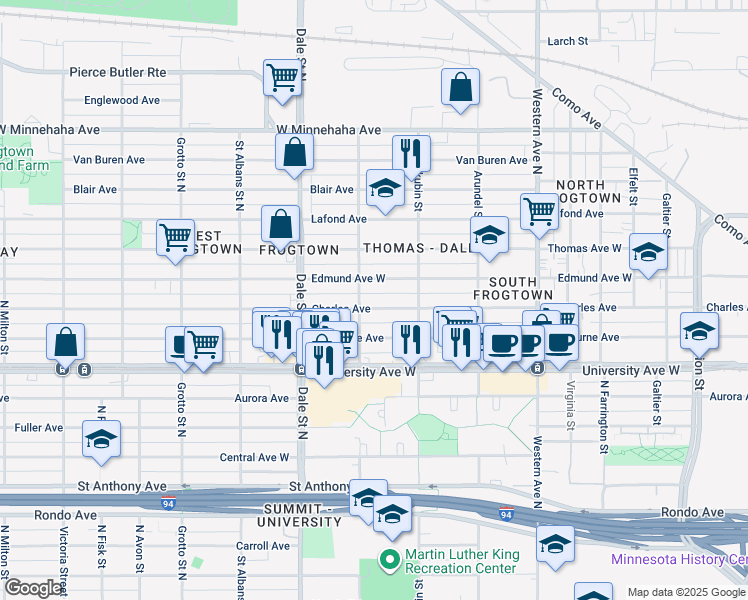 map of restaurants, bars, coffee shops, grocery stores, and more near 547 Charles Avenue in Saint Paul