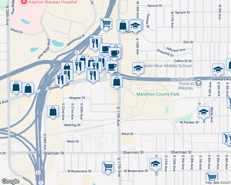 map of restaurants, bars, coffee shops, grocery stores, and more near 1711 Stewart Avenue in Wausau