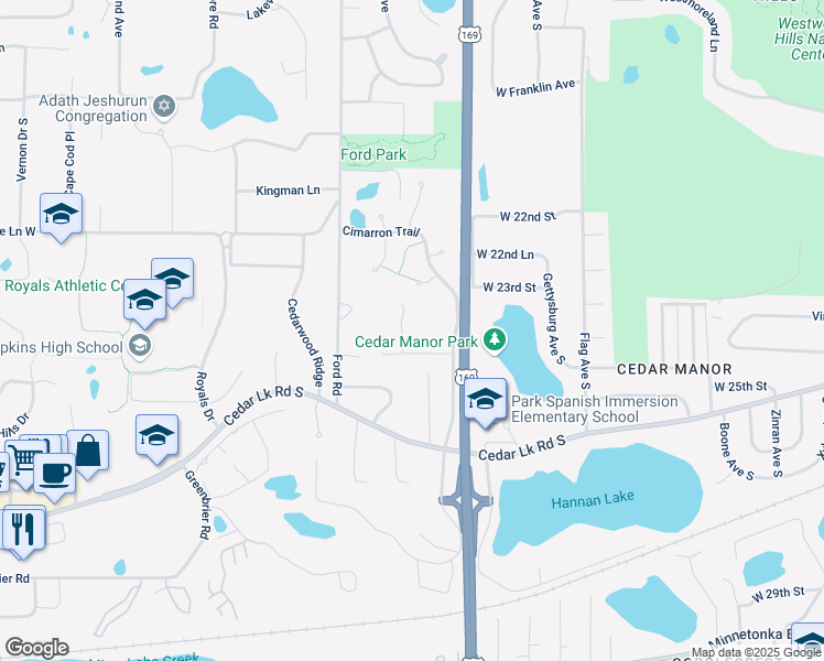 map of restaurants, bars, coffee shops, grocery stores, and more near 2450 Robin Oak Ridge in Hopkins