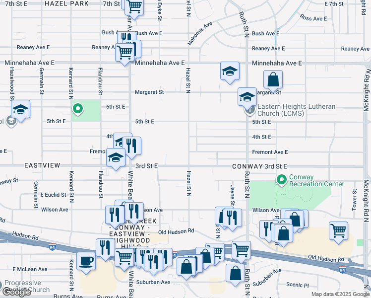 map of restaurants, bars, coffee shops, grocery stores, and more near 545 Hazel Street North in Saint Paul