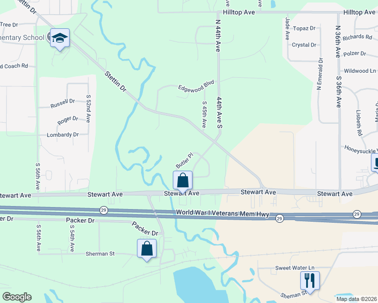 map of restaurants, bars, coffee shops, grocery stores, and more near 612 Butler Pl in Wausau
