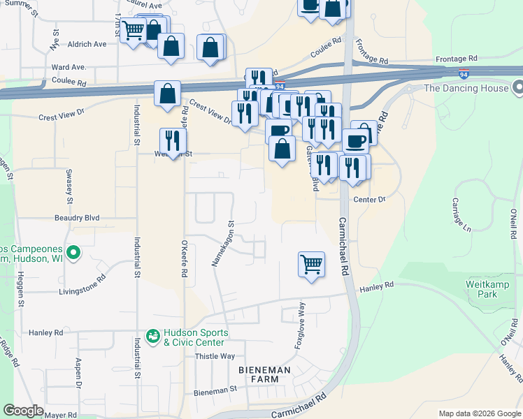 map of restaurants, bars, coffee shops, grocery stores, and more near 2236 Sacia Lane in Hudson