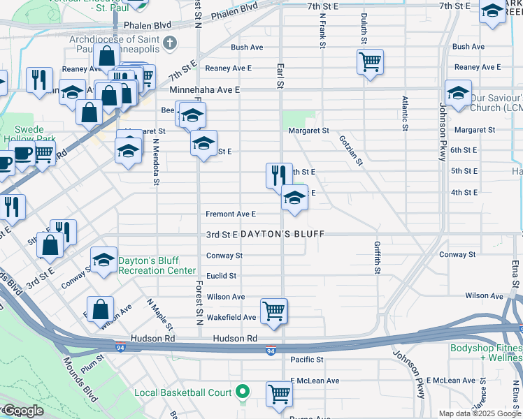 map of restaurants, bars, coffee shops, grocery stores, and more near 1021 Fremont Avenue East in Saint Paul