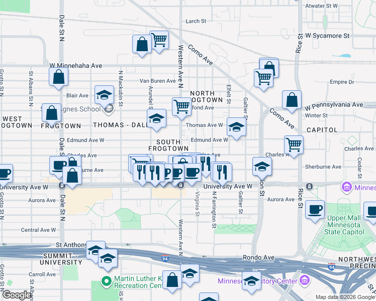 map of restaurants, bars, coffee shops, grocery stores, and more near 367 Charles Avenue in Saint Paul