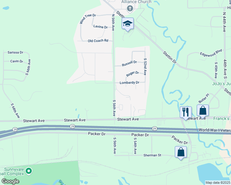 map of restaurants, bars, coffee shops, grocery stores, and more near 525 South 56th Avenue in Wausau