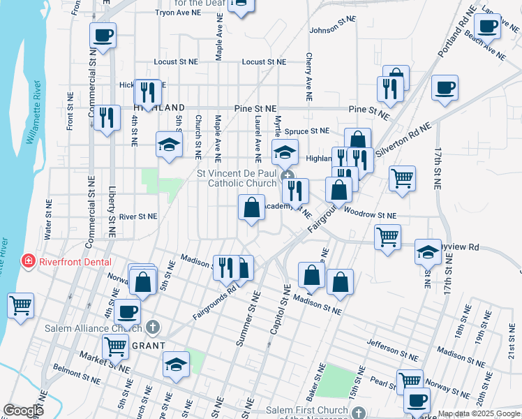 map of restaurants, bars, coffee shops, grocery stores, and more near 908 Academy Street Northeast in Salem