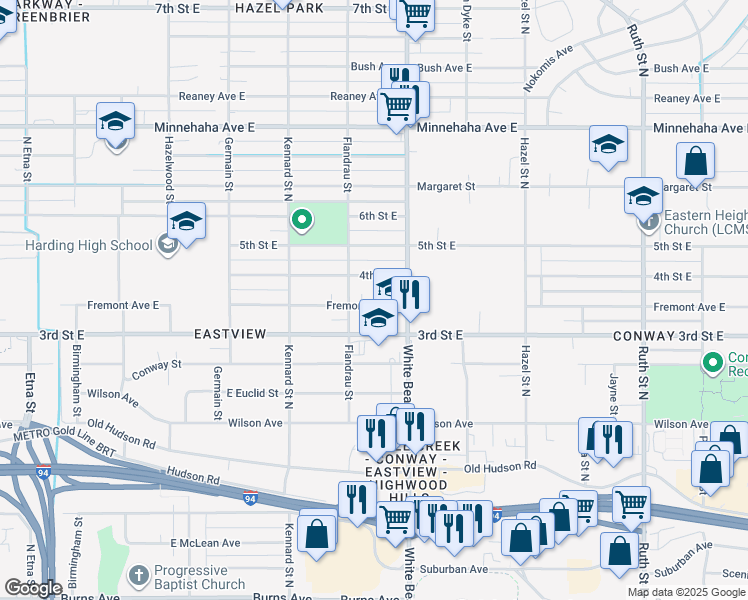 map of restaurants, bars, coffee shops, grocery stores, and more near 1737 Fremont Avenue East in Saint Paul