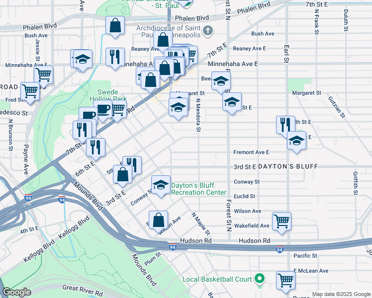 map of restaurants, bars, coffee shops, grocery stores, and more near 851 Fremont Avenue East in Saint Paul