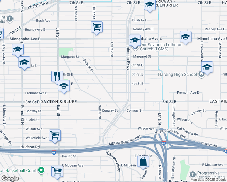 map of restaurants, bars, coffee shops, grocery stores, and more near 1239 Fremont Avenue East in Saint Paul