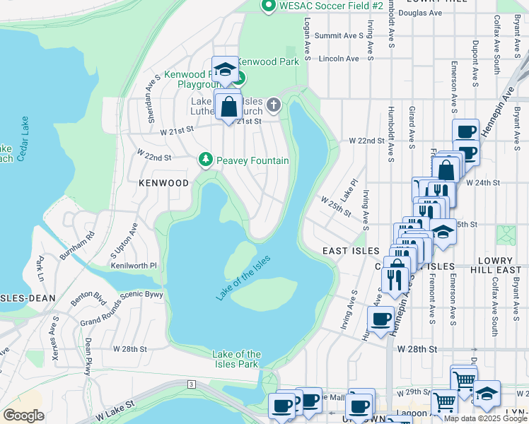 map of restaurants, bars, coffee shops, grocery stores, and more near 2621 Newton Avenue South in Minneapolis