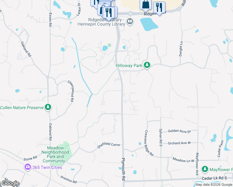 map of restaurants, bars, coffee shops, grocery stores, and more near 12819 Forest Meadow Drive in Hopkins
